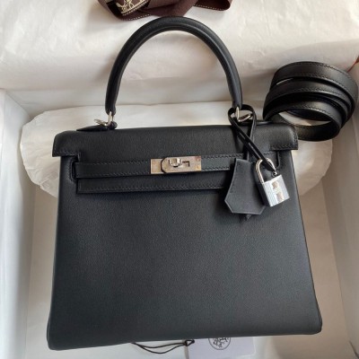 Hermes Kelly Retourne 25 Handmade Bag In Black Swift Calfskin