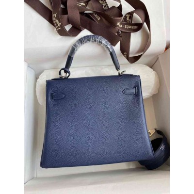 Hermes Kelly Retourne 25 Handmade Bag In Blue Saphir Clemence Leather