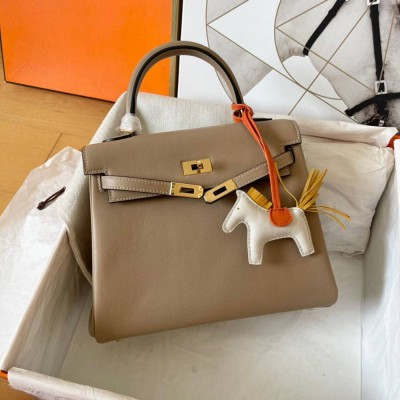 Hermes Kelly Retourne 25 Handmade Bag In Grey Swift Calfskin