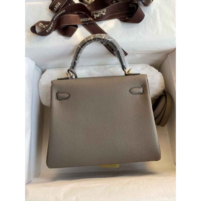 Hermes Kelly Retourne 25 Handmade Bag In Gris Meyer Clemence Leather