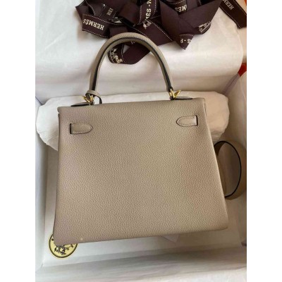 Hermes Kelly Retourne 25 Handmade Bag In Gris Tourterelle Clemence Leather