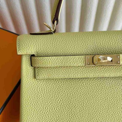 Hermes Kelly Retourne 25 Handmade Bag in Jaune Poussin Clemence Leather