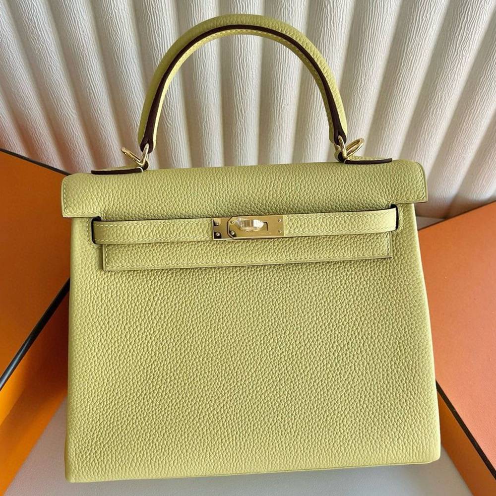 Hermes Kelly Retourne 25 Handmade Bag in Jaune Poussin Clemence Leather