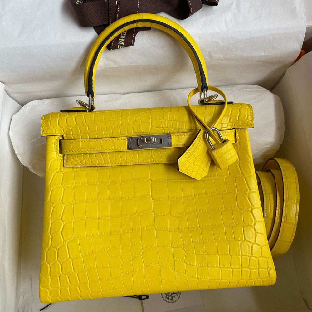 Hermes Kelly Retourne 25 Handmade Bag in Mimosa Crocodile Niloticus Matte Skin