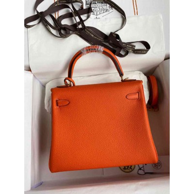 Hermes Kelly Retourne 25 Handmade Bag In Orange Clemence Leather