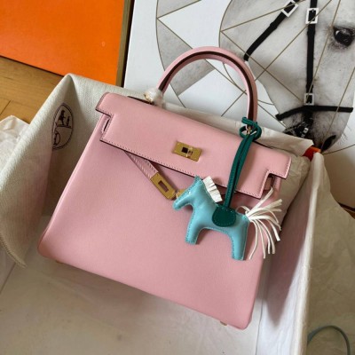 Hermes Kelly Retourne 25 Handmade Bag In Pink Swift Calfskin