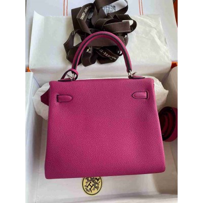 Hermes Kelly Retourne 25 Handmade Bag In Rose Purple Clemence Leather