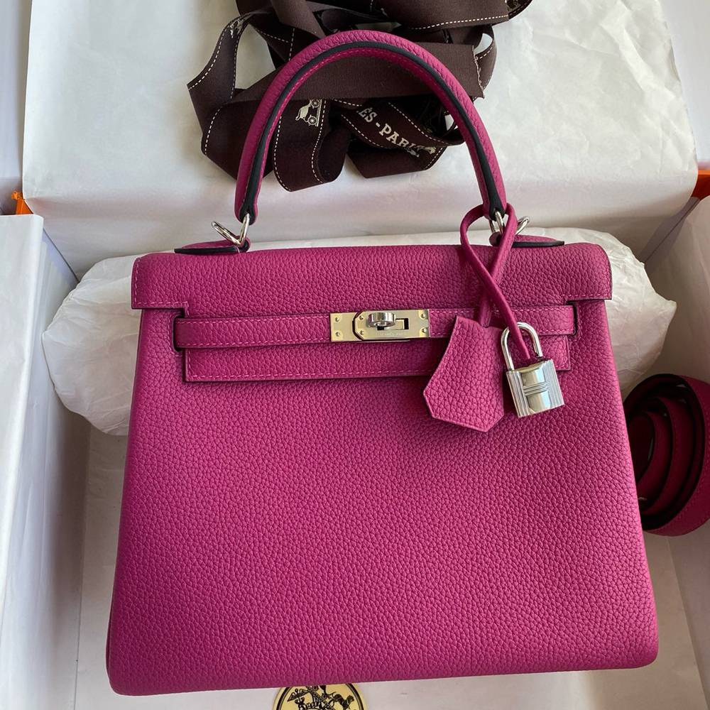 Hermes Kelly Retourne 25 Handmade Bag In Rose Purple Clemence Leather