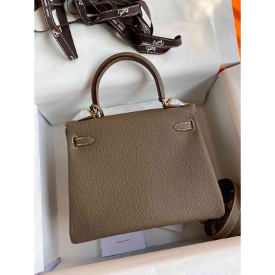 Hermes Kelly Retourne 25 Handmade Bag In Taupe Clemence Leather