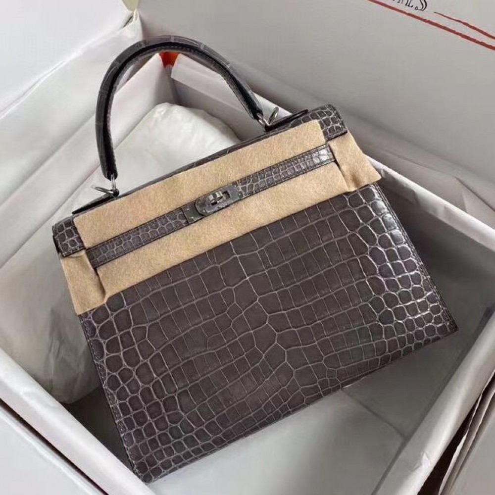 Hermes Kelly Retourne 25 Handmade Bag In Taupe Crocodile Niloticus Shiny Skin