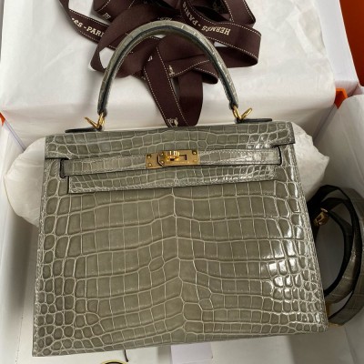 Hermes Kelly Retourne 25 Handmade Bag in Tourterelle Crocodile Niloticus Shiny Skin