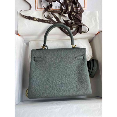 Hermes Kelly Retourne 25 Handmade Bag In Vert Amande Clemence Leather