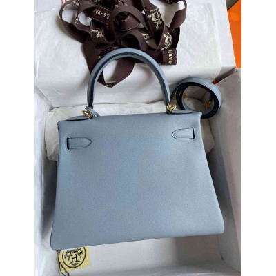 Hermes Kelly Retourne 28 Handmade Bag in Blue Lin Evercolor Calfskin