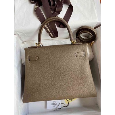 Hermes Kelly Retourne 28 Handmade Bag In Taupe Clemence Leather