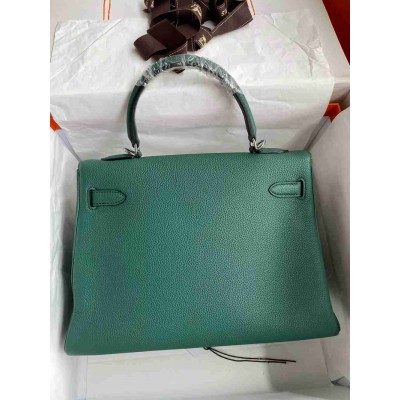 Hermes Kelly Retourne 32 Handmade Bag In Malachite Clemence Leather