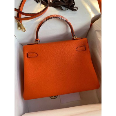 Hermes Kelly Retourne 32 Handmade Bag In Orange Clemence Leather