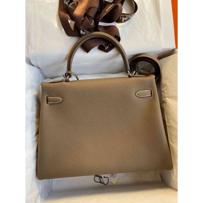 Hermes Kelly Retourne 32 Handmade Bag In Taupe Clemence Leather