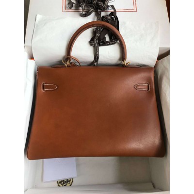 Hermes Kelly Retourne 35 Handmade Bag in Gold Barenia Calfskin