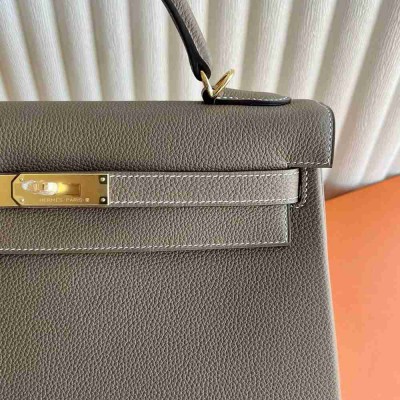 Hermes Kelly Retourne 35 Handmade Bag in Taupe Clemence Leather