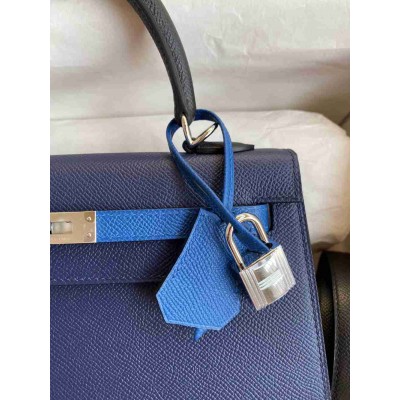 Hermes Kelly Sellier 25 Bicolor Bag in Blue Saphir and Blue France Epsom Calfskin