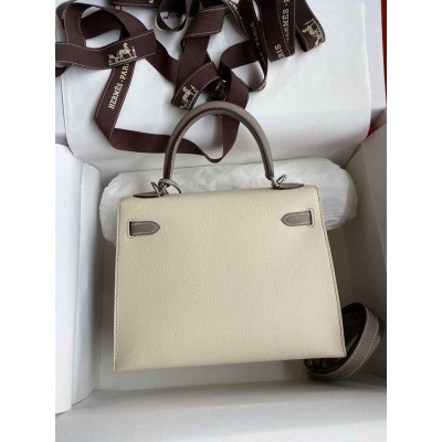 Hermes Kelly Sellier 25 Bicolor Bag in Craie and Gris Asphalt Epsom Calfskin