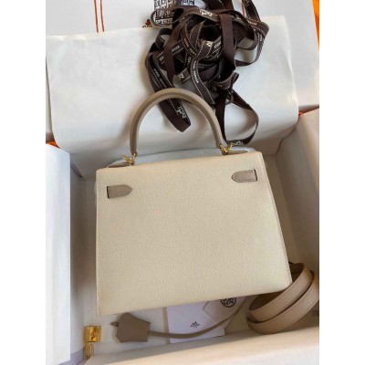 Hermes Kelly Sellier 25 Bicolor Bag in Craie and Trench Epsom Calfskin