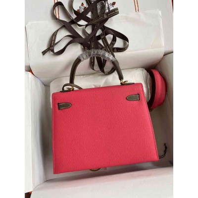 Hermes Kelly Sellier 25 Bicolor Bag in Rose Extremea nd Taupe Epsom Calfskin