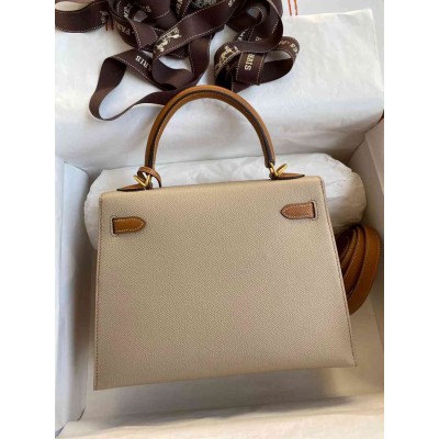 Hermes Kelly Sellier 25 Bicolor Bag in Trench and Gold Epsom Calfskin