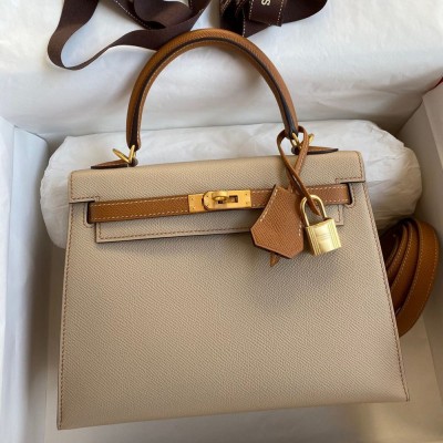 Hermes Kelly Sellier 25 Bicolor Bag in Trench and Gold Epsom Calfskin