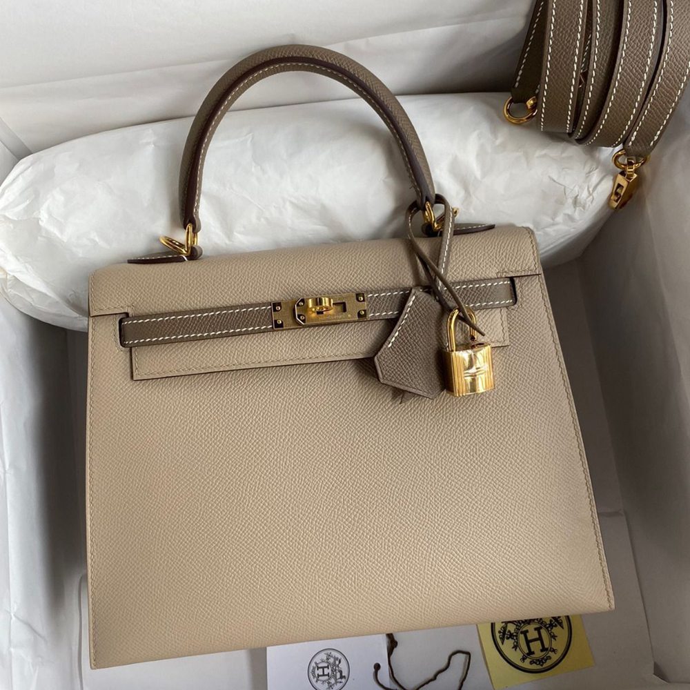 Hermes Kelly Sellier 25 Bicolor Bag in Trench and Taupe Epsom Calfskin