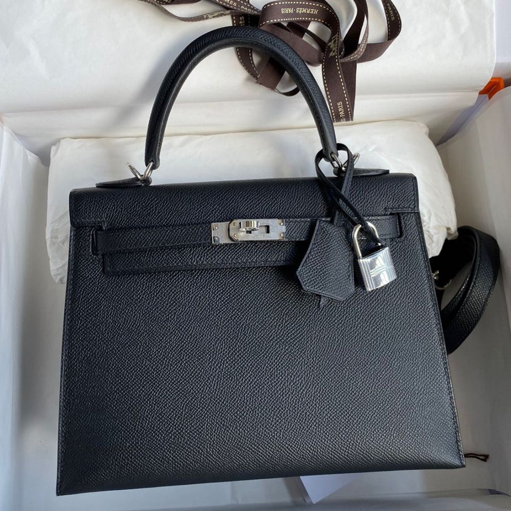 Hermes Kelly Sellier 25 Handmade Bag In Black Epsom Calfskin