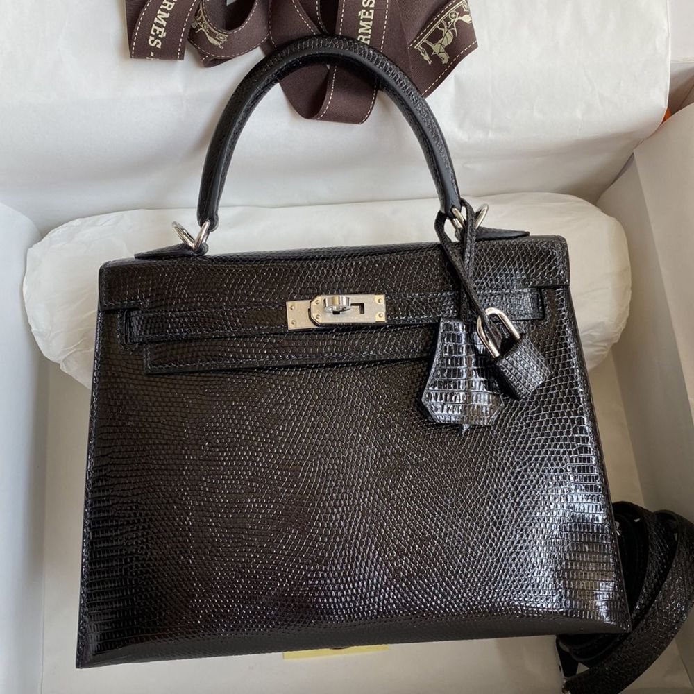 Hermes Kelly Sellier 25 Handmade Bag In Black Lizard Leather