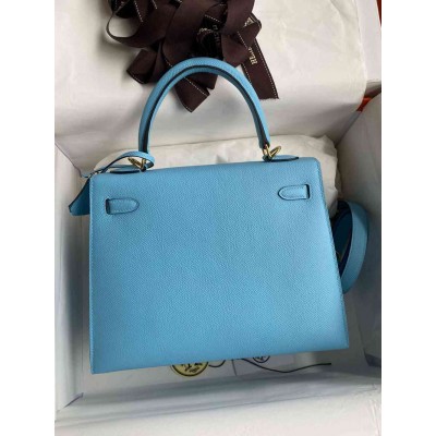 Hermes Kelly Sellier 25 Handmade Bag In Blue Candy Epsom Calfskin