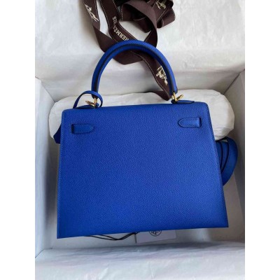 Hermes Kelly Sellier 25 Handmade Bag In Blue France Epsom Calfskin