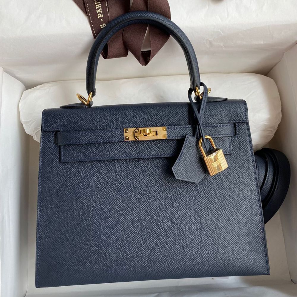 Hermes Kelly Sellier 25 Handmade Bag In Blue Indigo Epsom Calfskin