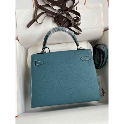 Hermes Kelly Sellier 25 Handmade Bag In Blue Jean Epsom Calfskin