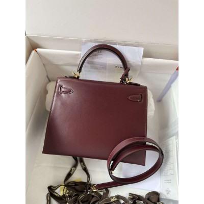 Hermes Kelly Sellier 25 Handmade Bag in Bordeaux Box Calfskin