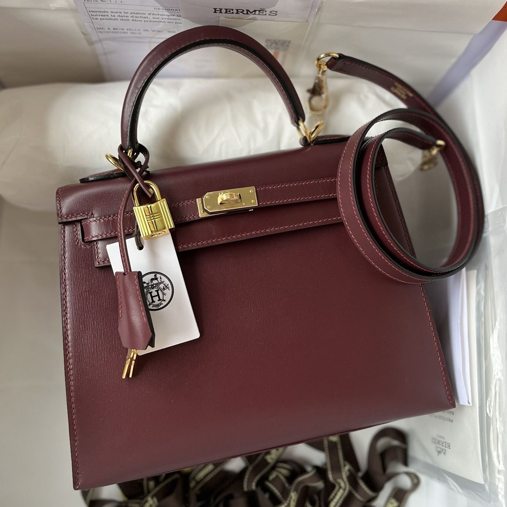 Hermes Kelly Sellier 25 Handmade Bag in Bordeaux Box Calfskin