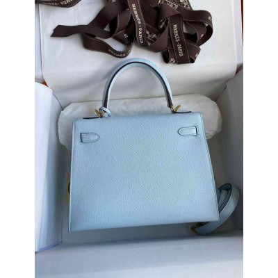 Hermes Kelly Sellier 25 Handmade Bag In Celeste Epsom Calfskin