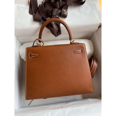 Hermes Kelly Sellier 25 Handmade Bag In Gold Barenia Calfskin