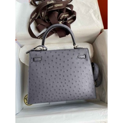 Hermes Kelly Sellier 25 Handmade Bag in Gris Agate Ostrich Leather