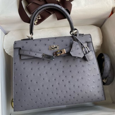 Hermes Kelly Sellier 25 Handmade Bag in Gris Agate Ostrich Leather