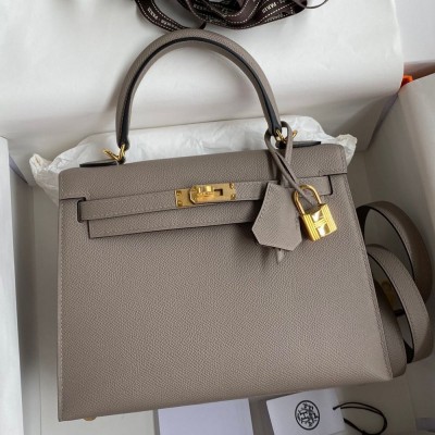 Hermes Kelly Sellier 25 Handmade Bag In Gris Asphalt Epsom Calfskin