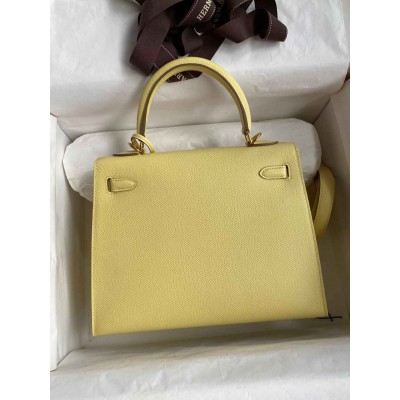 Hermes Kelly Sellier 25 Handmade Bag In Jaune Poussin Epsom Calfskin