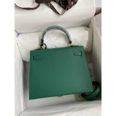 Hermes Kelly Sellier 25 Handmade Bag In Malachite Epsom Calfskin