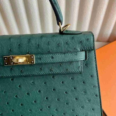 Hermes Kelly Sellier 25 Handmade Bag in Malachite Ostrich Leather