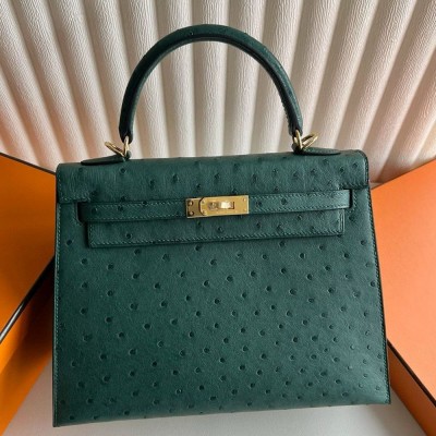 Hermes Kelly Sellier 25 Handmade Bag in Malachite Ostrich Leather