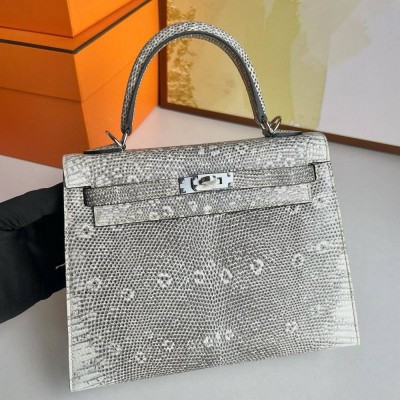 Hermes Kelly Sellier 25 Handmade Bag in Natural Lizard Skin