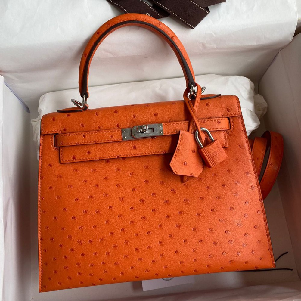 Hermes Kelly Sellier 25 Handmade Bag In Orange Ostrich Leather