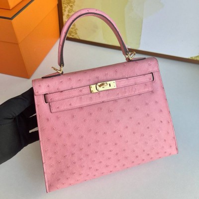 Hermes Kelly Sellier 25 Handmade Bag in Rose Bubblegum Ostrich Leather